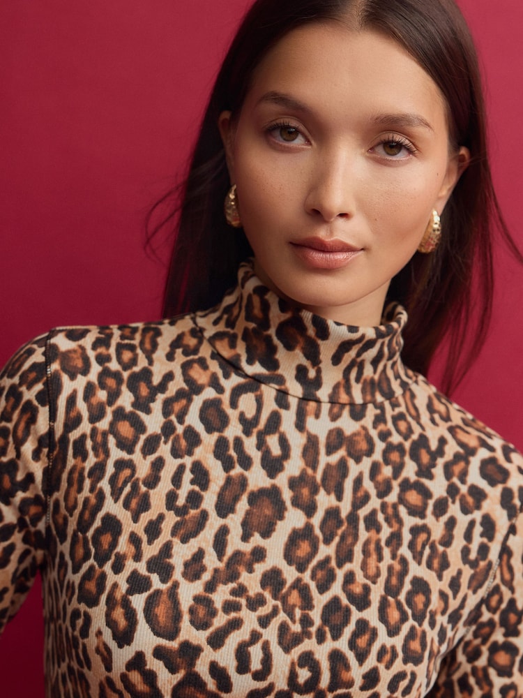 Animal Leopard Long Sleeve Ribbed Roll Neck Top - Image 5 of 9