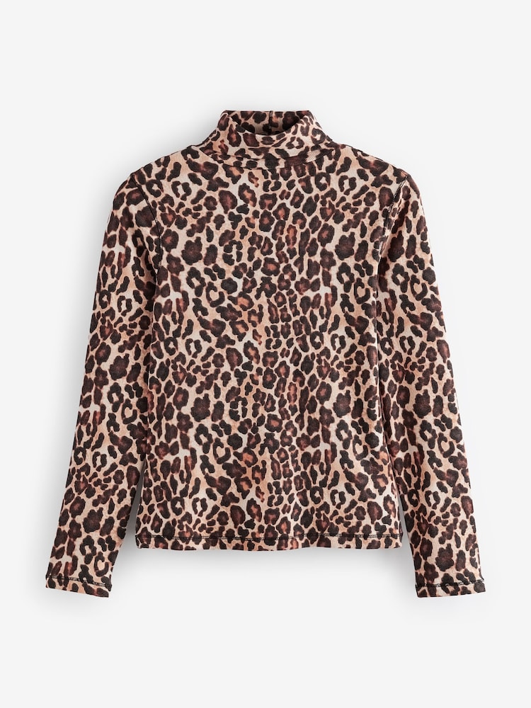 Animal Leopard Long Sleeve Ribbed Roll Neck Top - Image 6 of 9