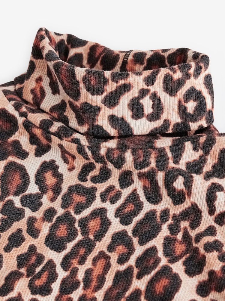 Animal Leopard Long Sleeve Ribbed Roll Neck Top - Image 7 of 9