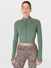 Sweaty Betty Cool Forest Green Athlete Crop Seamless Workout Zip-Up Sweatshirt - Image 1 of 8