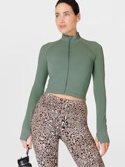 Sweaty Betty Cool Forest Green Athlete Crop Seamless Workout Zip-Up Sweatshirt - Image 3 of 8