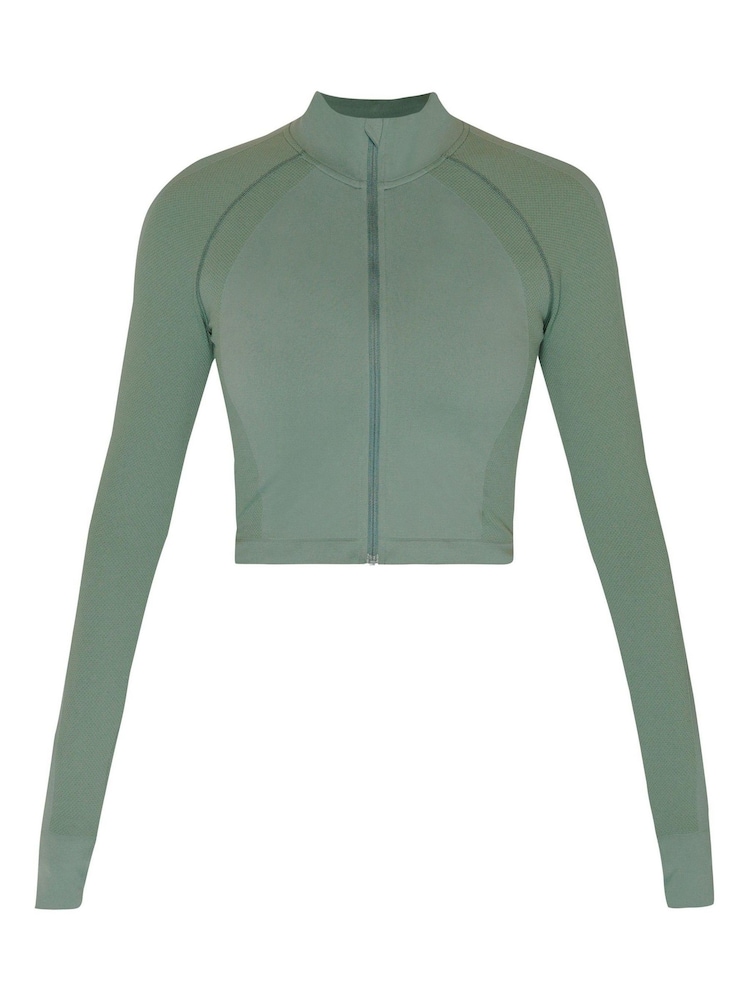 Sweaty Betty Cool Forest Green Athlete Crop Seamless Workout Zip-Up Sweatshirt - Image 8 of 8