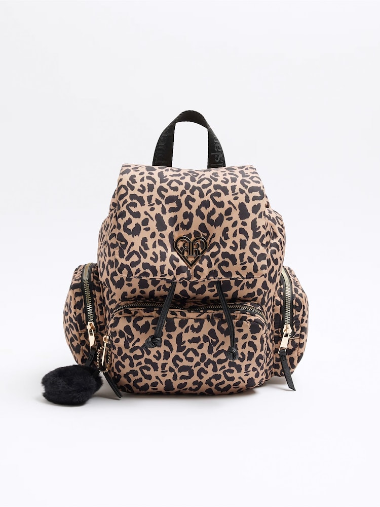 River Island Brown Girls Leopard Print Nylon Backpack - Image 2 of 5 River Island Brown Girls Leopard Print Nylon Backpack - Image 2 of 5