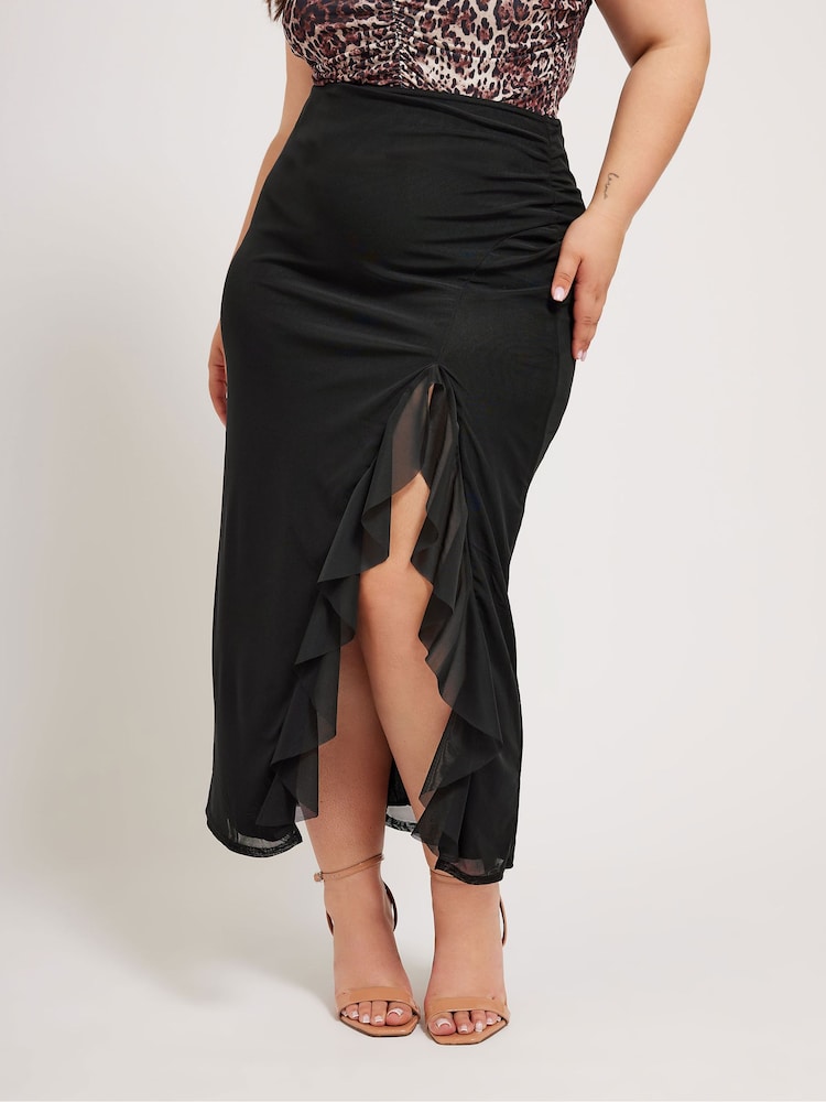Yours Curve Black Mesh Ruffle Maxi Skirt - Image 1 of 5