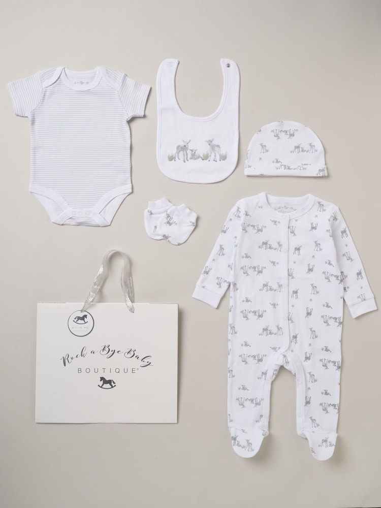 Rock-A-Bye Baby Boutique 100% Cotton Print 5-Piece White Gift Set - Image 1 of 5