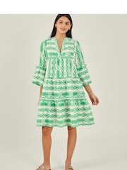 Accessorize Green Print Jacquard Flute Sleeve Dress - Image 1 of 4