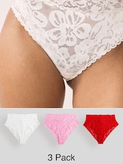 Red/Pink High Rise High Leg Floral Lace Knickers 3 Pack - Image 1 of 10