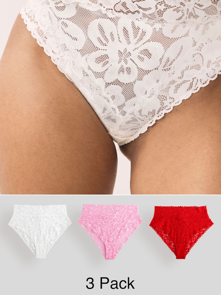 Red/Pink High Rise High Leg Floral Lace Knickers 3 Pack - Image 1 of 10