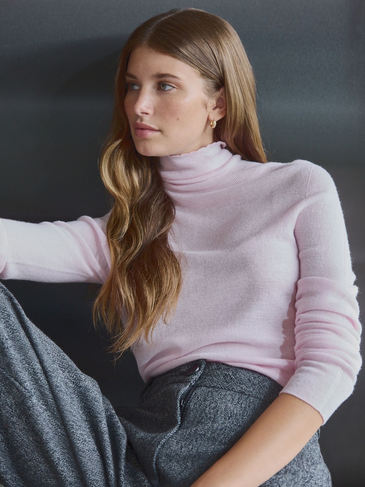 Blush Pink 100% Merino Wool Premium High Roll Neck Knitted Jumper - Image 1 of 6