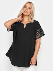 Yours Curve Black Cheesecloth Lace Insert 100% Cotton Top - Image 1 of 5