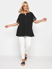 Yours Curve Black Cheesecloth Lace Insert 100% Cotton Top - Image 2 of 5