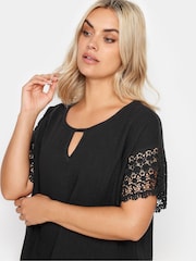 Yours Curve Black Cheesecloth Lace Insert 100% Cotton Top - Image 4 of 5