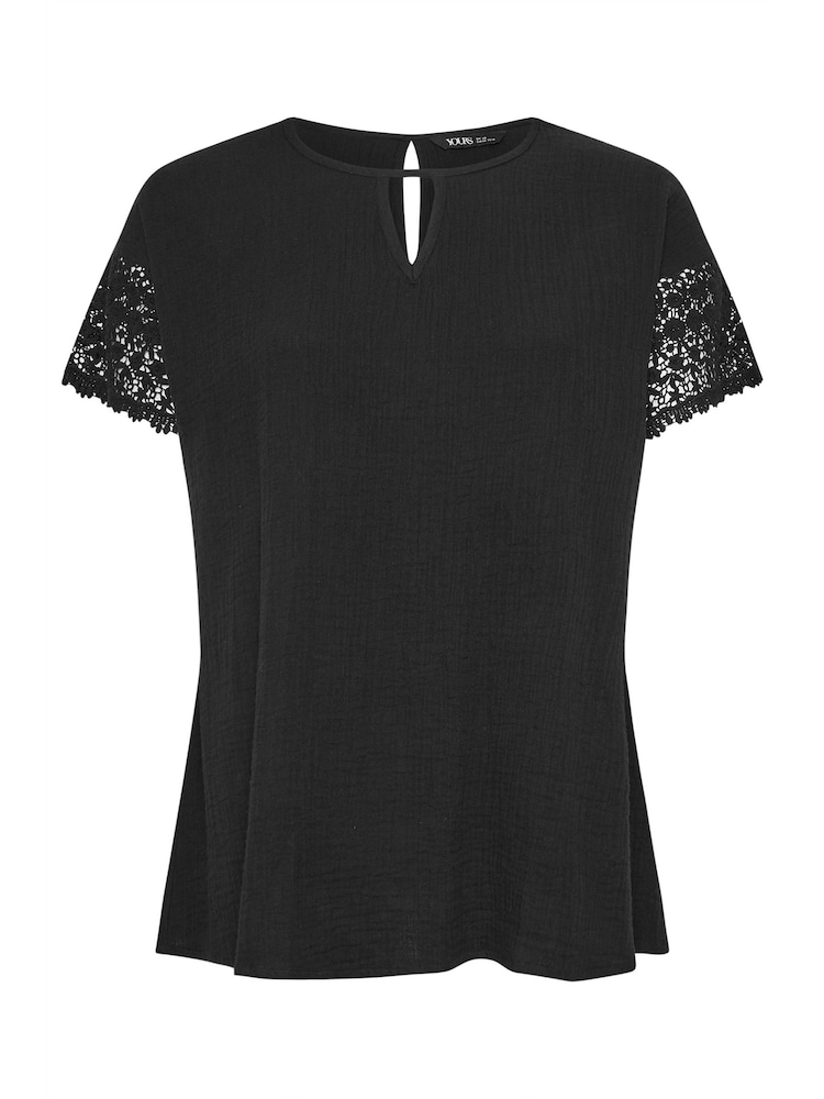 Yours Curve Black Cheesecloth Lace Insert 100% Cotton Top - Image 5 of 5
