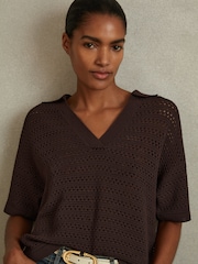 Reiss Chocolate Carla Knitted Open-Collar Polo Shirt - Image 1 of 5