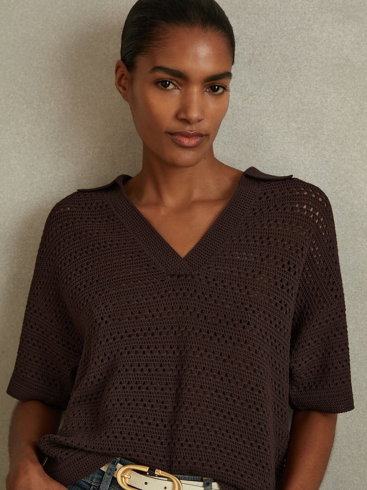 Reiss Chocolate Carla Knitted Open-Collar Polo Shirt - Image 1 of 5