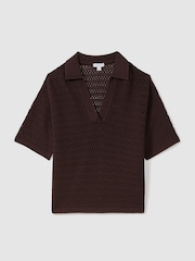 Reiss Chocolate Carla Knitted Open-Collar Polo Shirt - Image 2 of 5
