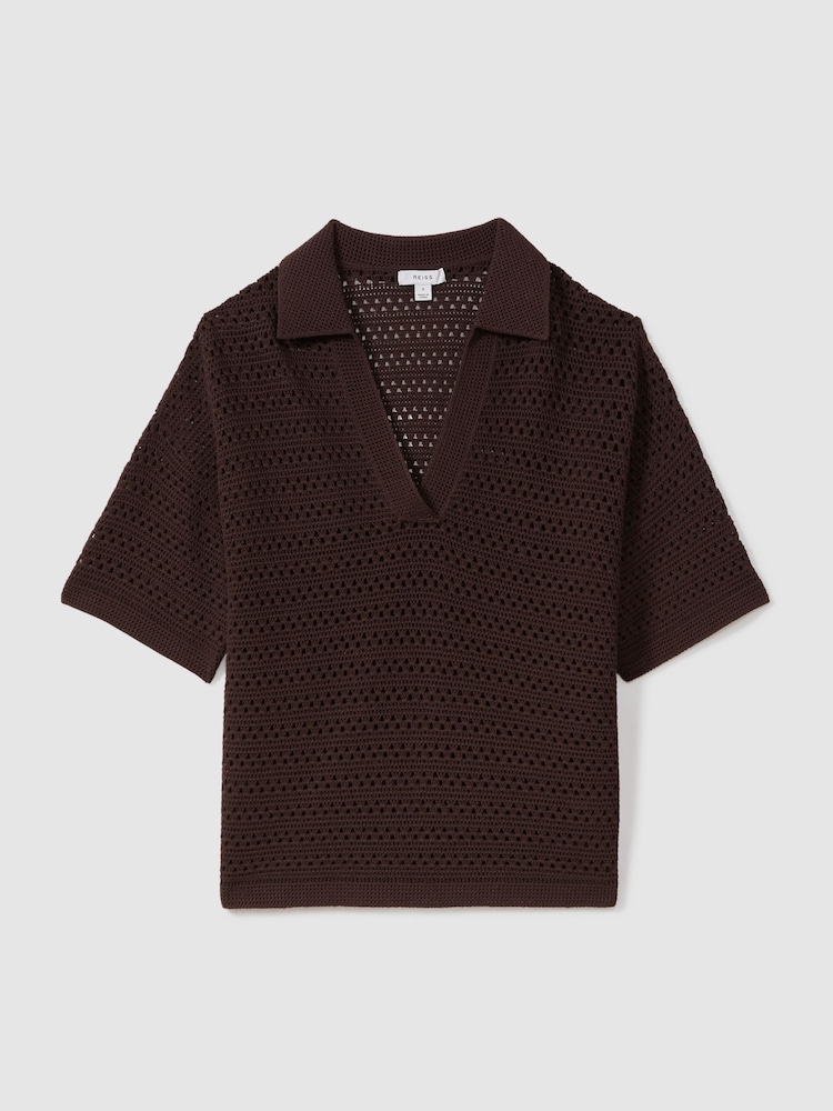 Reiss Chocolate Carla Knitted Open-Collar Polo Shirt - Image 2 of 5 Reiss Chocolate Carla Knitted Open-Collar Polo Shirt - Image 2 of 5