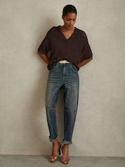 Reiss Chocolate Carla Knitted Open-Collar Polo Shirt - Image 3 of 5