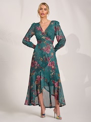 Jolie Moi Green Long Sleeve Mesh Maxi Dress - Image 1 of 7