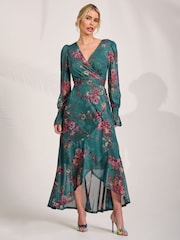 Jolie Moi Green Long Sleeve Mesh Maxi Dress - Image 4 of 7