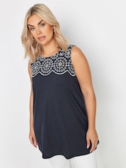 Yours Curve Blue Broderie Anglaise Detail Vest 100% Cotton Top - Image 1 of 5