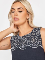Yours Curve Blue Broderie Anglaise Detail Vest 100% Cotton Top - Image 4 of 5
