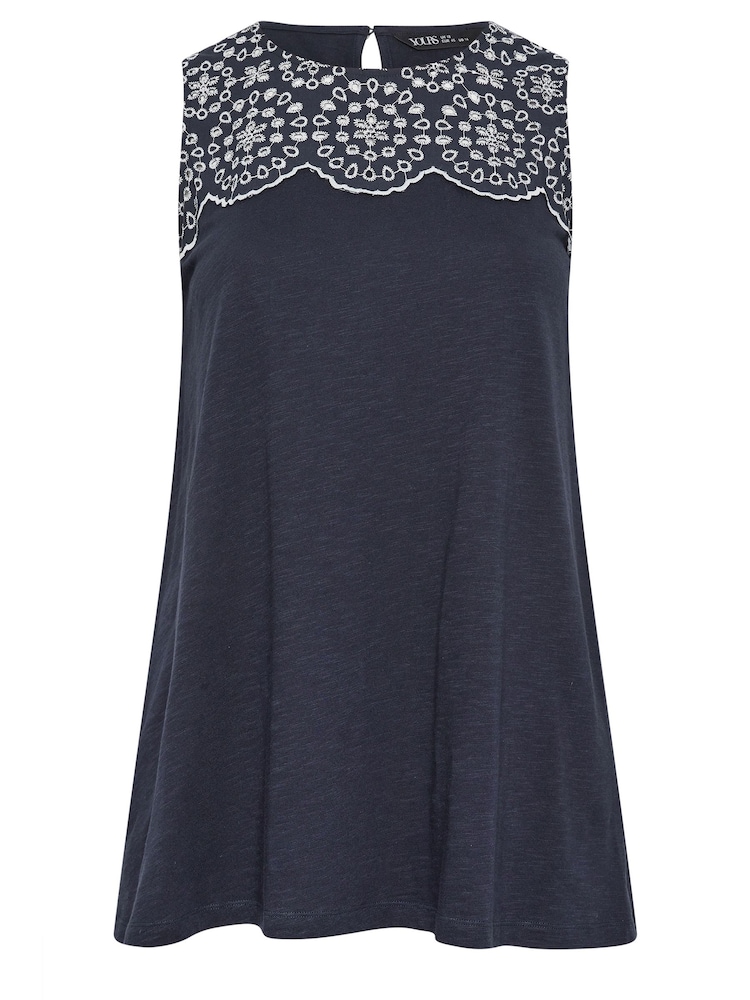 Yours Curve Blue Broderie Anglaise Detail Vest 100% Cotton Top - Image 5 of 5