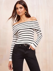 Friends Like These Cream Stripe Off The Shoulder Rib Jumper - Image 1 of 4