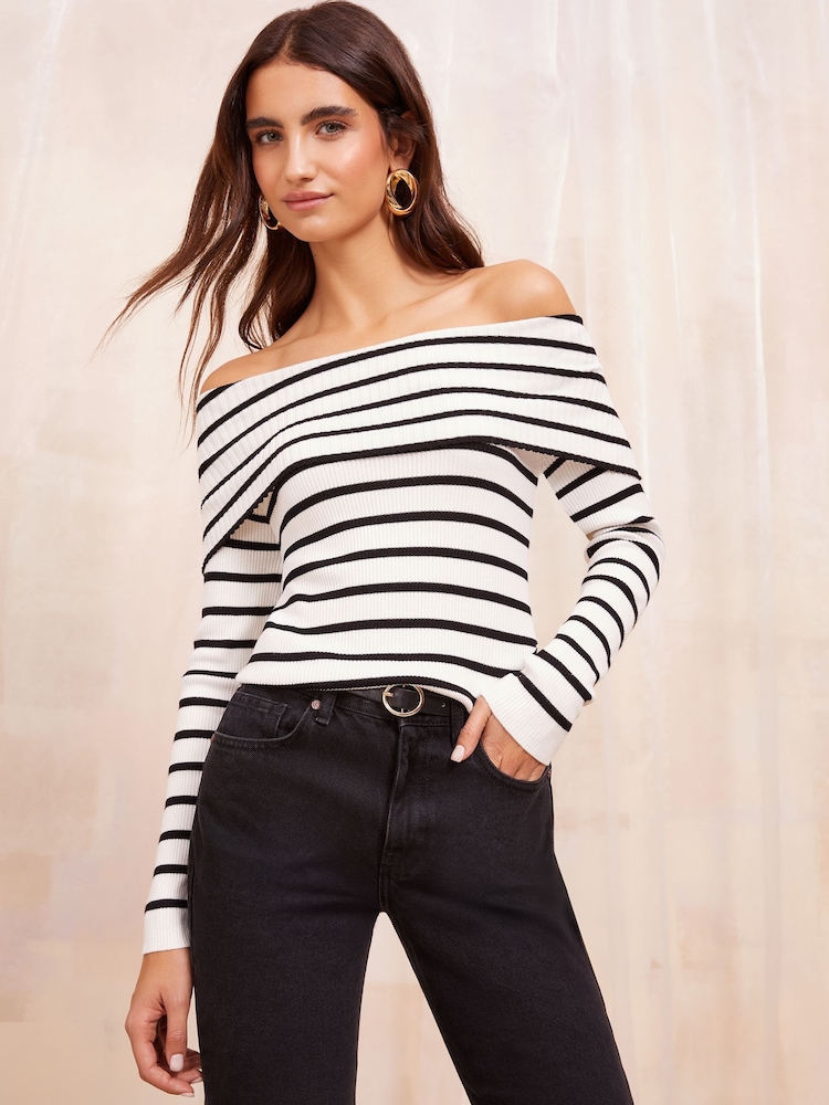 Friends Like These Cream Stripe Off The Shoulder Rib Jumper - Image 1 of 4