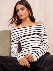 Friends Like These Cream Stripe Off The Shoulder Rib Jumper - Image 3 of 4