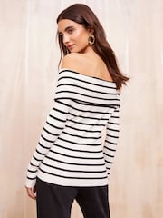 Friends Like These Cream Stripe Off The Shoulder Rib Jumper - Image 4 of 4