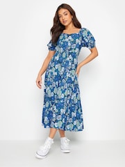 PixieGirl Petite Blue Floral Print Puff Sleeve Midi Dress - Image 1 of 5