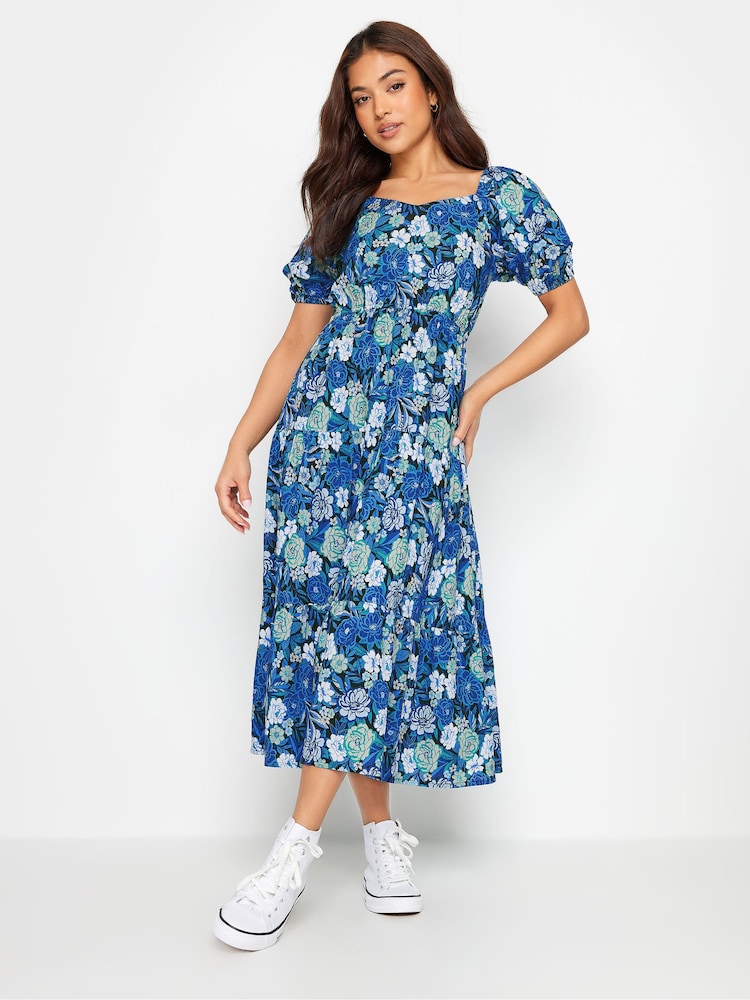 PixieGirl Petite Blue Floral Print Puff Sleeve Midi Dress - Image 1 of 5