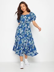 PixieGirl Petite Blue Floral Print Puff Sleeve Midi Dress - Image 2 of 5