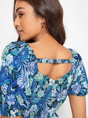 PixieGirl Petite Blue Floral Print Puff Sleeve Midi Dress - Image 4 of 5