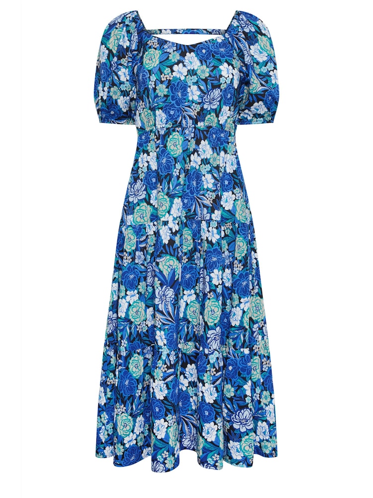 PixieGirl Petite Blue Floral Print Puff Sleeve Midi Dress - Image 5 of 5