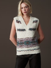 White Stripe Boucle V-Neck Knitted Tank Vest - Image 1 of 6