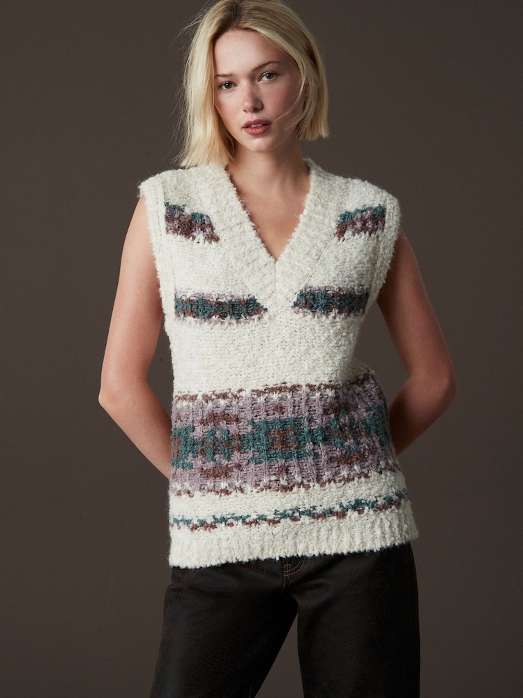 White Stripe Boucle V-Neck Knitted Tank Vest - Image 1 of 6
