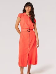Apricot Red Vintage Midi Shirt Dress With Linen - Image 1 of 4