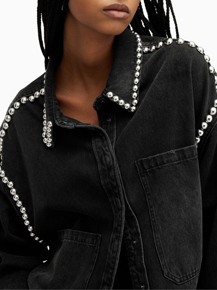 AllSaints Black Nicky Stud 100% Cotton Shirt - Image 2 of 6