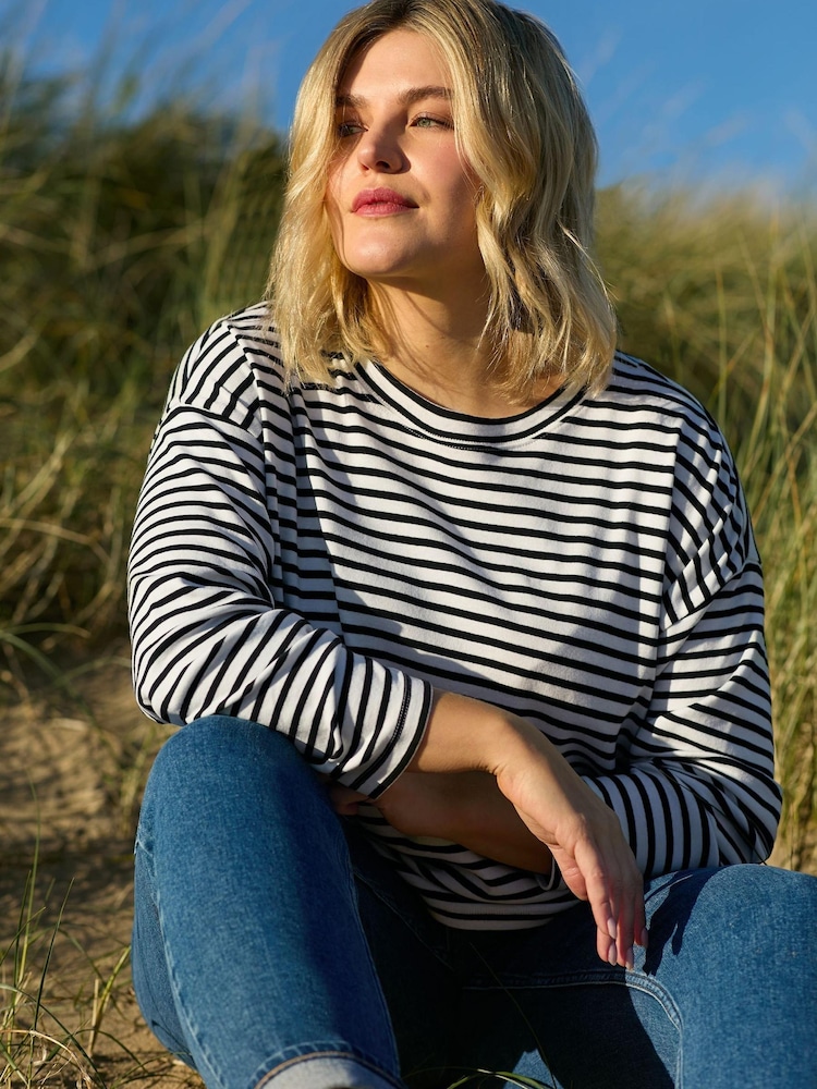 Live Unlimited Black/White 100% Cotton Curve Stripe Jersey Relaxed Top - Image 1 of 8