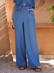 Threadbare Blue Curve Elasticated Waist Wide Leg Chambray Trousers - Image 2 of 4