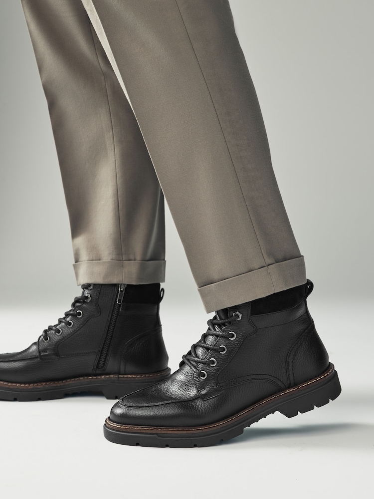 Black Leather Apron Toe Zip Up Boots - Image 1 of 6