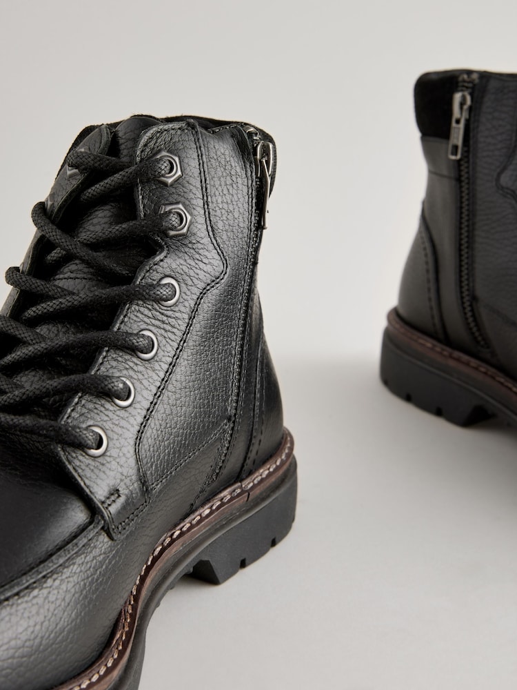 Black Leather Apron Toe Zip Up Boots - Image 5 of 6