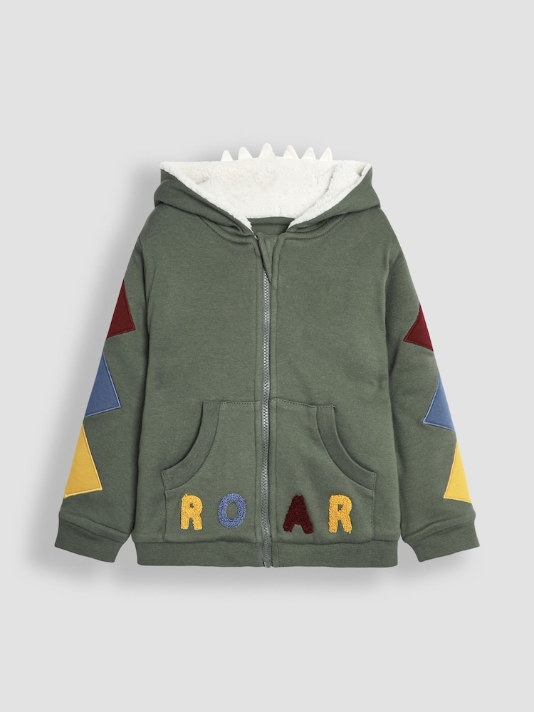 JoJo Maman Bébé Khaki Green DInosaur Appliqué Novelty Cosy Hoodie - Image 1 of 3