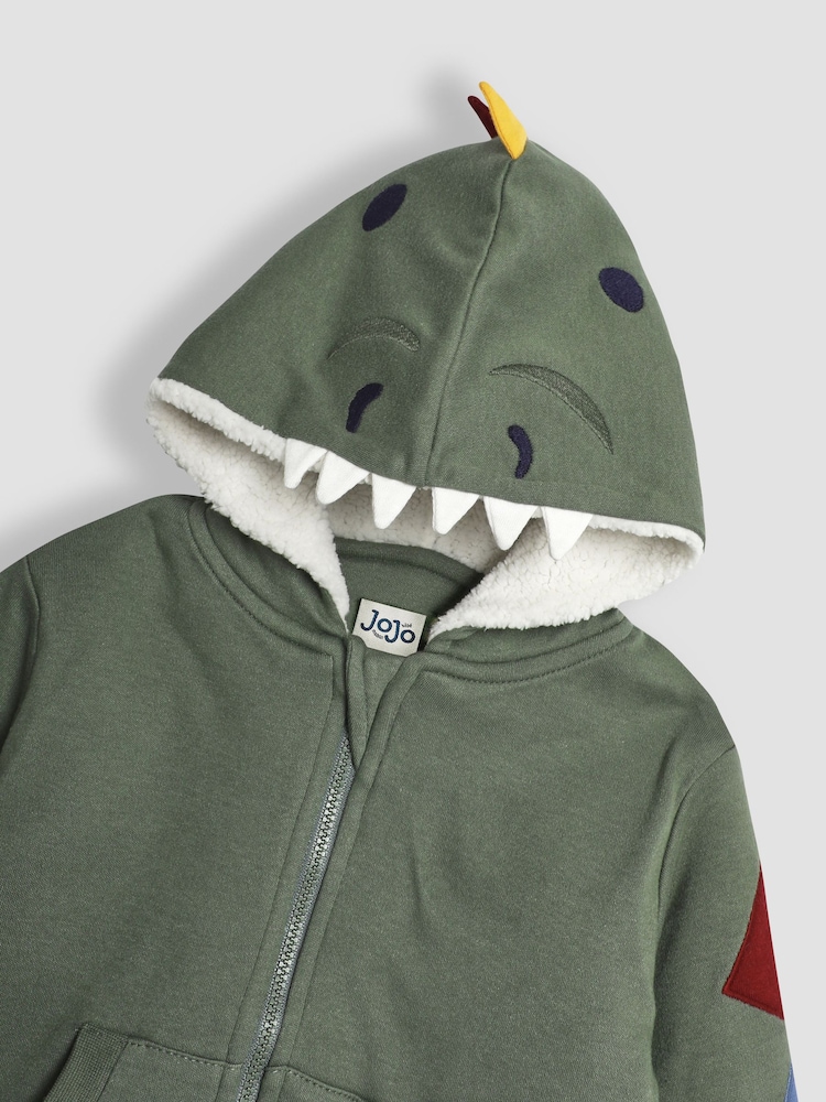 JoJo Maman Bébé Khaki Green DInosaur Appliqué Novelty Cosy Hoodie - Image 3 of 3