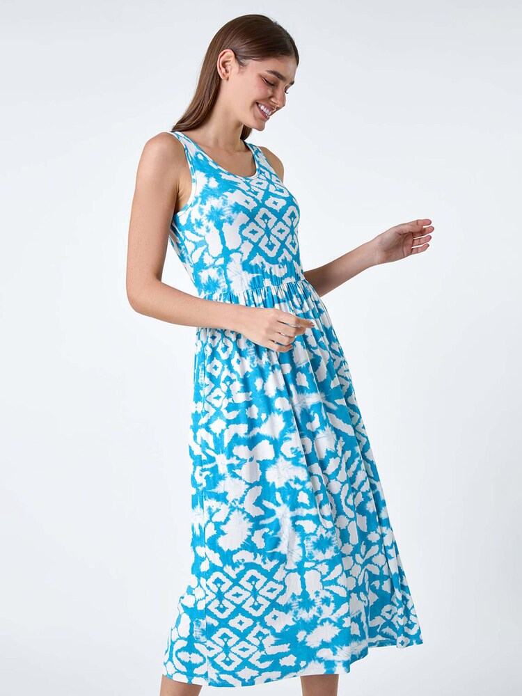 Roman Blue Batik Print Stretch Jersey Pocket Dress - Image 2 of 5