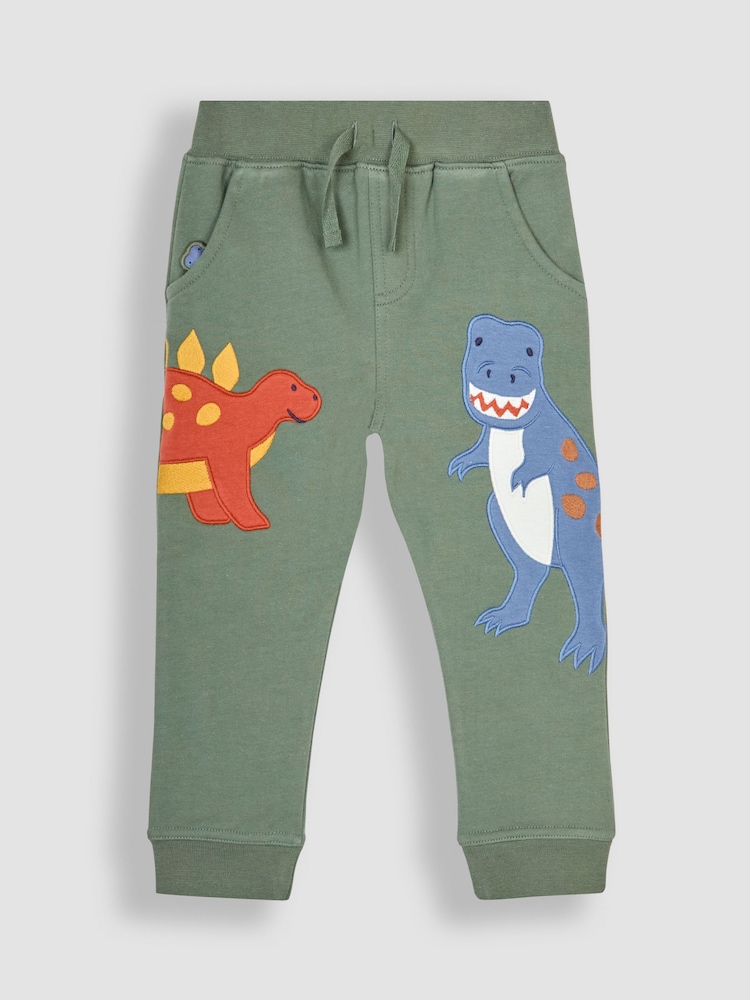 JoJo Maman Bébé Khaki Green Dinosaur Appliqué Pet in Pocket Joggers - Image 1 of 2
