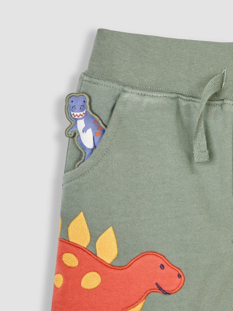 JoJo Maman Bébé Khaki Green Dinosaur Appliqué Pet in Pocket Joggers - Image 2 of 2