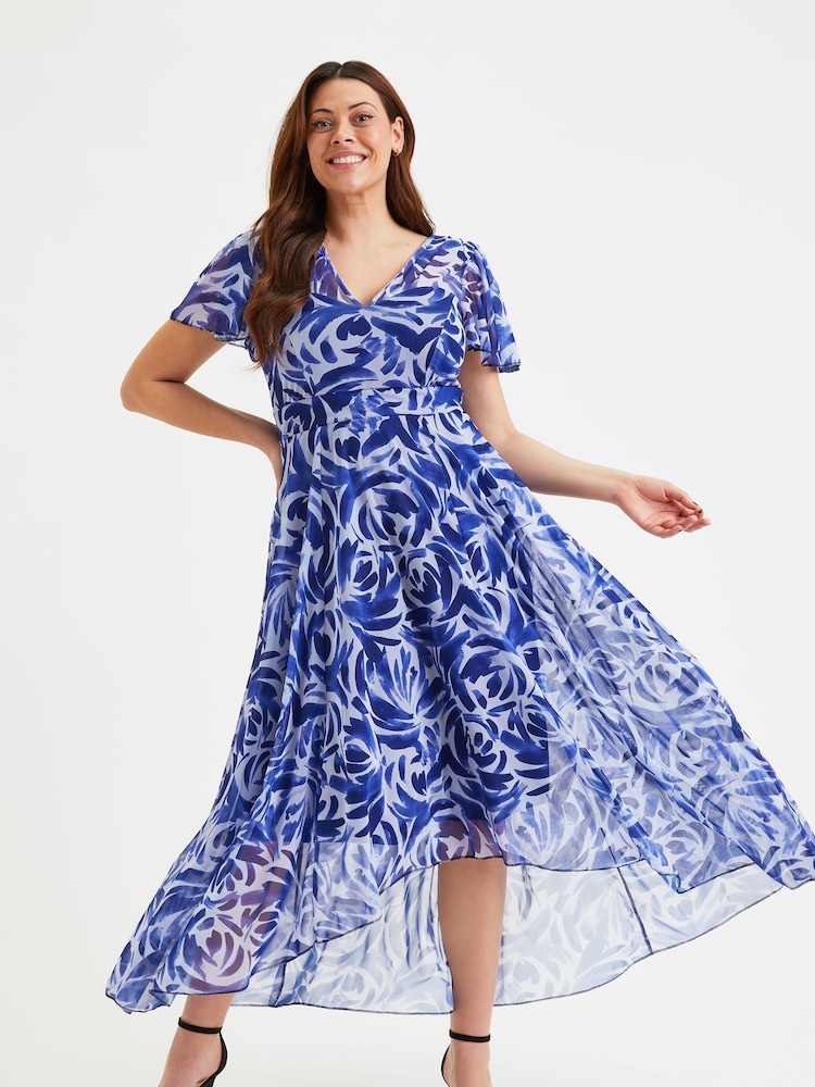 Scarlett & Jo Blue Tilly Print Angel Sleeve Sweetheart Dress - Image 1 of 4